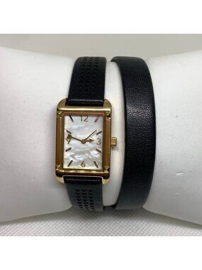 Stella & Dot Pyramid Tank Watch Double Wrap Black leather gold tone 20mm running